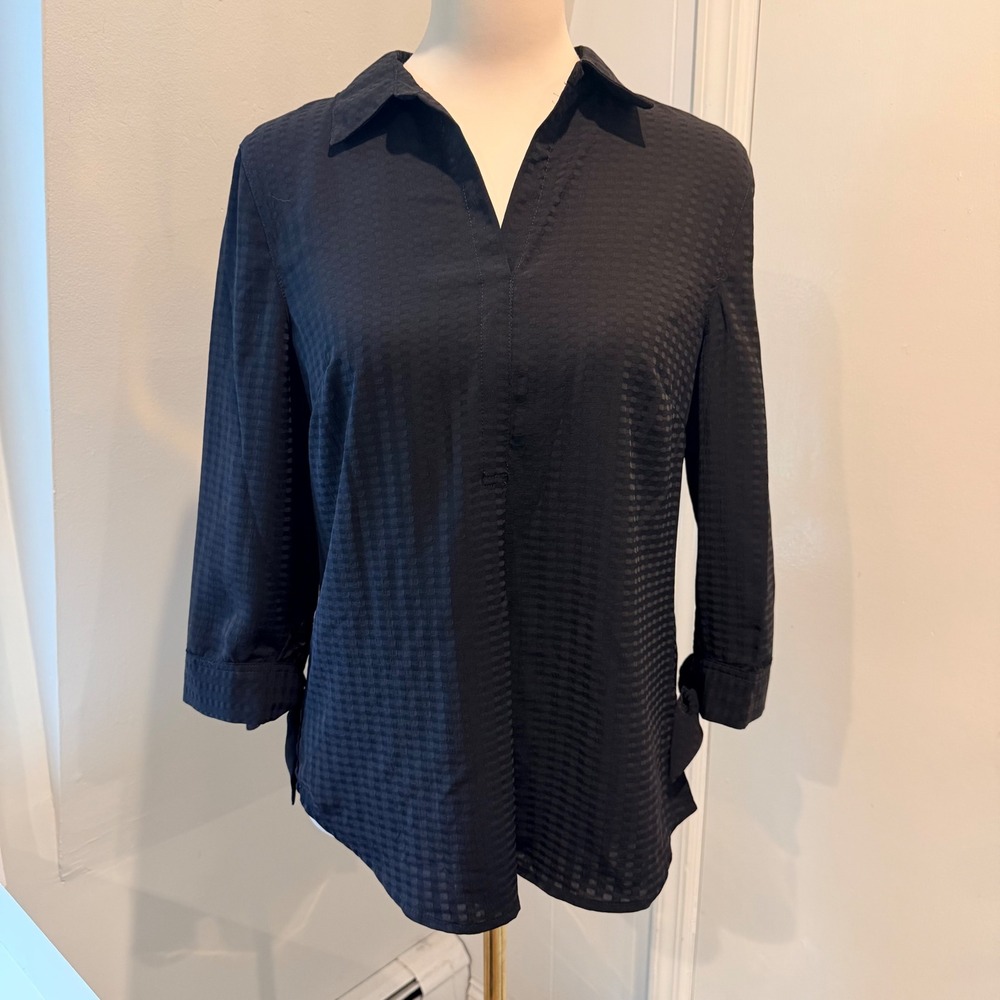 Zac & Rachel Black Textured 3/4 Tie Sleeve V-Neck Blouse | Size S